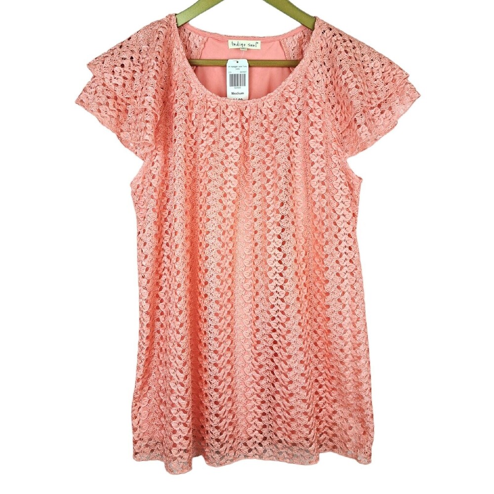 NEW Indigo Soul Women Ruffle Sleeve Knit Lace Blouse Size M Peach Color